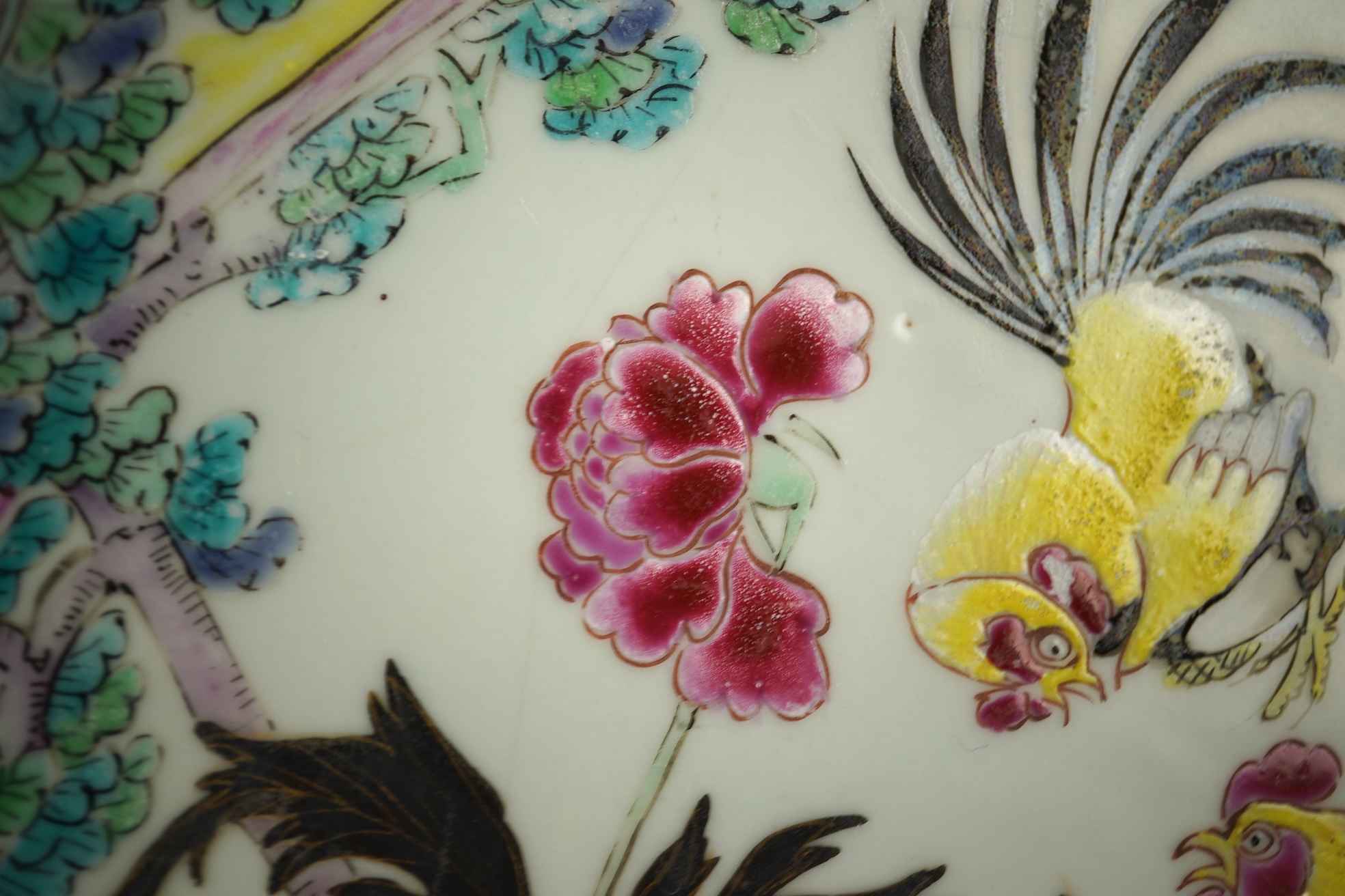 A pair of Chinese famille rose ‘cockerel’ octagonal plates, Yongzheng period
